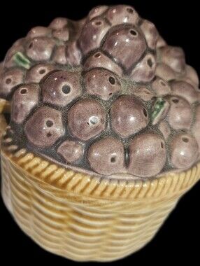 Vintage Hand Painted Ceramic Grape Basket Decorative Accent in Purple and Tan